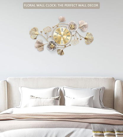 Clocks for Living Room, Large Wall Clock, 3D Silent Wall Clock, Retro Metal Ginkgo Leaf Design, for Bedroom Kitchen Decorative Wall Clocks（35''x20'' ）