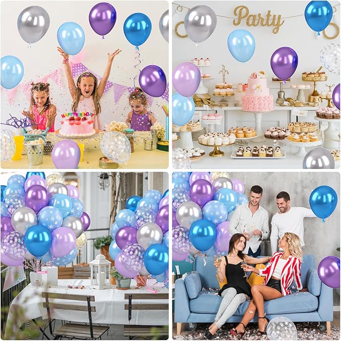 Frozen Balloons, 12 Inch Blue and Purple Balloons, Metallic Silver Blue Frozen Print Snowflake Confetti Balloon for Girls Woman Ice and Snow Winter Theme Birthday Party Decorations