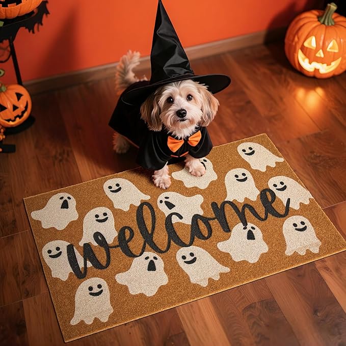 Halloween Door Mat Spooky Ghost Welcome Mat for Front Door Outdoor Entrance Doormat Coir Dirt Trapper with Non Slip Backing, 24x36, Welcome Ghost