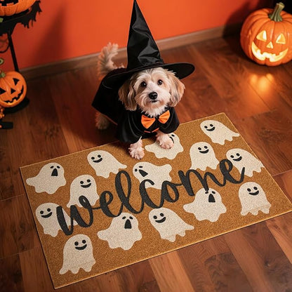 Halloween Door Mat Spooky Ghost Welcome Mat for Front Door Outdoor Entrance Doormat Coir Dirt Trapper with Non Slip Backing, 24x36, Welcome Ghost