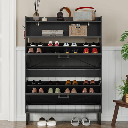 Shoe Cabinet with 2 Flip Drawers Narrow Shoe Storage Cabinet Organizer Wooden Freestanding Rack Hidden Slim Storage for Entryway, Hallway, Living Room, Bedroom