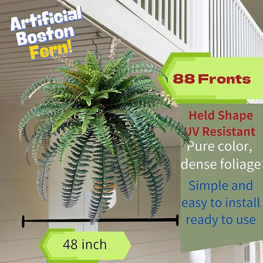 Giant Artificial Boston Ferns for Outdoors Large –UV Resistant Lifelike Faux Fern, Realistic Silk Greenery Plants Large Office, Home Decor,88 Branches,48 Inch Fake Fern Leaf Green.No Base.