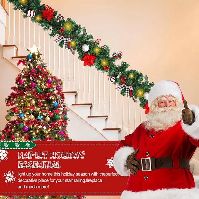 Christmas Garland with Lights,Pre-lit 9ft Christmas Decorations with 50 LED Lights,with Waterproof Battery Box,Indoor&Outdoor Use,for Stairs Fireplace Front Door Porch Home (Battery NOT Include)