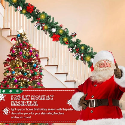 Christmas Garland with Lights,Pre-lit 9ft Christmas Decorations with 50 LED Lights,with Waterproof Battery Box,Indoor&Outdoor Use,for Stairs Fireplace Front Door Porch Home (Battery NOT Include)