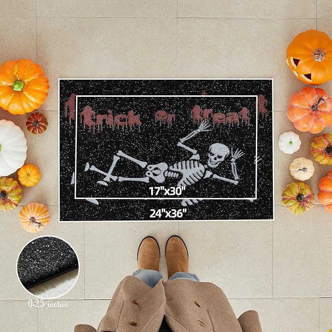 Halloween Door Mat, Halloween Doormat Outdoor Front Door Entrance Absorbent Entry Mat with Non Slip Backing, 17''x30'', Skeleton Black