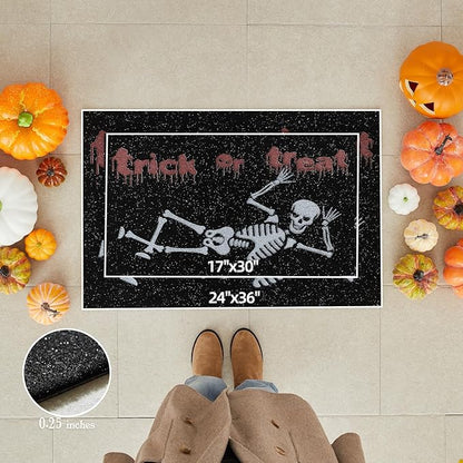 Halloween Door Mat, Halloween Doormat Outdoor Front Door Entrance Absorbent Entry Mat with Non Slip Backing, 24''x36'', Skeleton Black