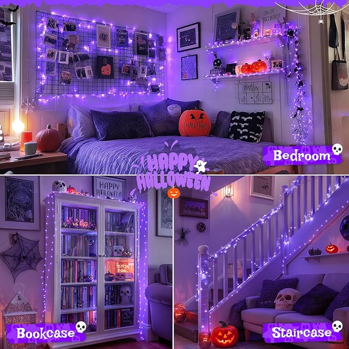 JMEXSUSS 2 Pack Halloween Fairy Lights Battery Operated, Total 400 LED 132ft Purple Halloween String Lights Indoor with Remote, 8 Modes Copper Wire Twinkle Lights for Bedroom Wall Tree Decor