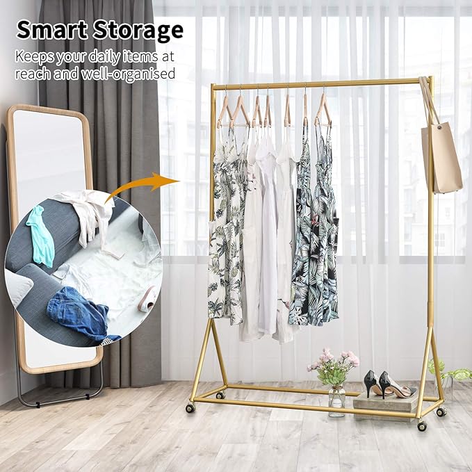 BOSURU Gold Pipe Clothing Racks Freestanding, Modern Metal Clothes Rack Heavy Duty, Easy Assemble Clothing Rack for Hanging Boutiques and Bedroom 47" L
