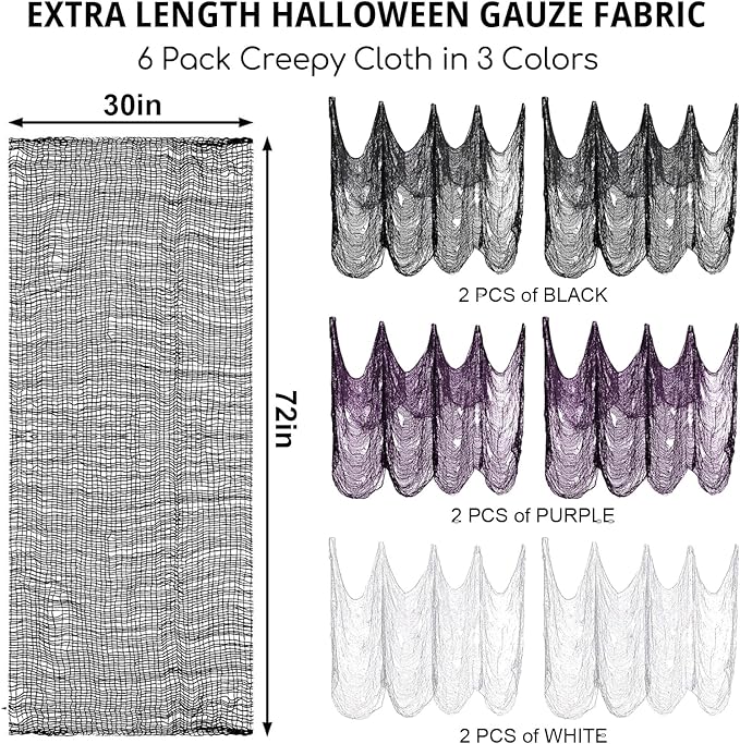 Legigo 6 Pack Halloween Creepy Cloths Cheesecloths, Spooky Black Mesh Fabric Cheese Cloths for Crafts, Scary Gauze Fabric for Party Supplies Home Wall Doorway Outdoor Yard Decor(Black,White,Purple)