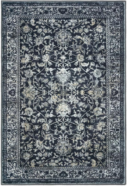 KILOCOCO Area Rug 3x5 Entryway Rug Washable Printed Vintage Floral Rubber Backed Non Slip Indoor Kitchen Rugs for Living Room Laundry Room Playroom Mudroom Moroccan Area Rugs, Navy/Charcoal