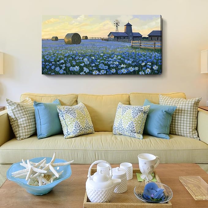 ARTZON Large Wall Art Farmhouse Sunset Flower Art work Rustic Farm Daisy Wildflower Barn Canvas Print Landscape Blue Yellow Picture Nature Floral Artwork for Living Room Bedroom Office Decor 48"x24"