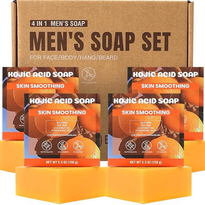 Rinse & Robust Mens Bar Soap 4Pcs Natural Soap Bar Set with Tea Tree & Glycerin, Moisturizing Face Body Hand Beard Wash, Citrus Scent Gift for Men | 5.3 oz of 4 Bars