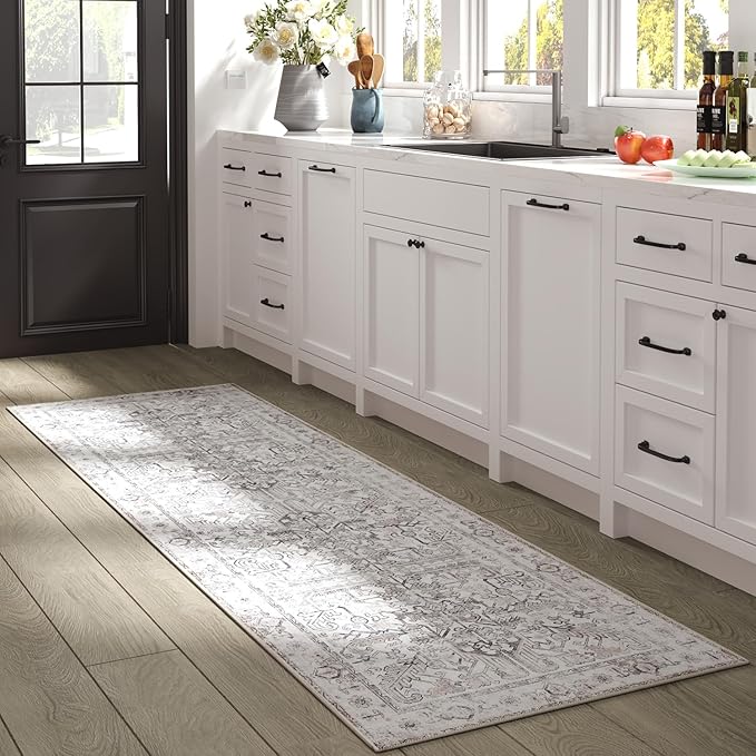 jinchan Hallway Runner Rug 2x10 - Kitchen Washable Rug Floral Runner Non Slip with Rubber Backing Ultra-Thin Vintage Carpet for Bedroom Laundry Room Living Room (2x10ft,Taupe)
