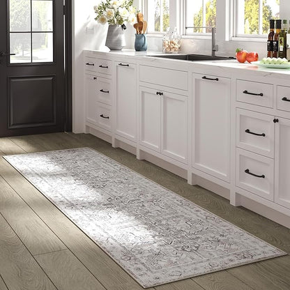 jinchan Kitchen Runner Rug 2x8 - Vintage Floral Machine Washable Non-Slip Hallway Runner Rug with Rubber Backing Ultra-Thin Carpet for Bedroom Laundry Room Farmhouse (2x8ft,Taupe)