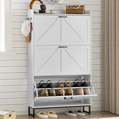 Shoe Cabinet with 3 Flip Drawers Narrow Shoe Storage Cabinet Organizer Wooden Freestanding Shoe Rack Hidden Slim Shoes Storage Cabinet for Entryway, Hallway, Living Room, Bedroom