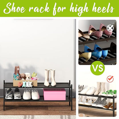 BMOSU 2-Tier Bamboo Extended Shoe Rack Premium Stackable Shoe Shelf Storage Organizer for Hallway Closet Living Room Entryway Organizer(Black)