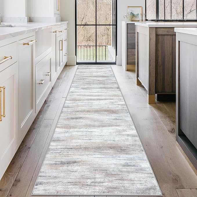 KOZYFLY Modern Abstract Kitchen Runner Rug, 2x10 Washable Rug Runner Non-Slip Soft Striped Hallway Runner Rugs, Beige Print Carpet Runner for Entryway Bathroom Laundry Room Foyer