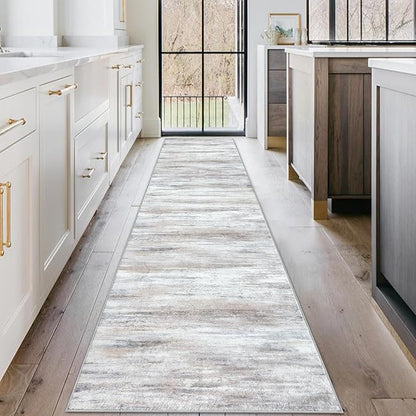 KOZYFLY Modern Abstract Kitchen Runner Rug, 2x10 Washable Rug Runner Non-Slip Soft Striped Hallway Runner Rugs, Beige Print Carpet Runner for Entryway Bathroom Laundry Room Foyer