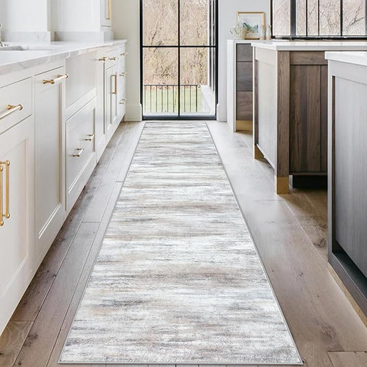KOZYFLY Modern Abstract Kitchen Runner Rug, 2x10 Washable Rug Runner Non-Slip Soft Striped Hallway Runner Rugs, Beige Print Carpet Runner for Entryway Bathroom Laundry Room Foyer
