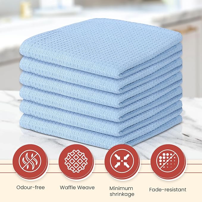 Vintage Vista 100% Cotton Waffle Dish Cloths (Pack of 6) - Dish Rags for Washing Dishes - Reusable & Highly Absorbent Kitchen Towels - Kitchen Rags for Christmas - (12" x 12" - Light Blue)