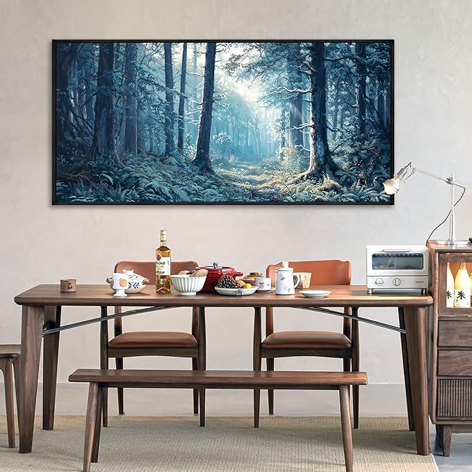 KLAKLA Large Canvas Wall Art - Forest Wall Decor Amazon Wall Art Landscape Blue Tree Picture Framed Artwork for Walls Living Room Bedroom Office - 58x29 Inches