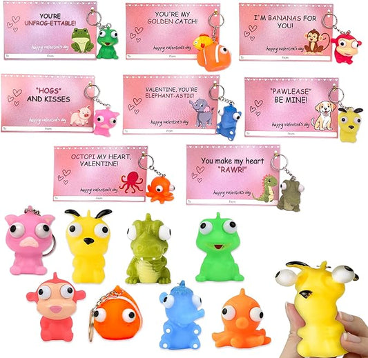4E's Novelty 24 Pack Valentines Cards with Popping Eye Animals, Pop Out Eyes Squeeze Toy Keychain with Cards, Valentines Day Gifts for Kids Classroom Exchange for Kids Party Favors Bulk