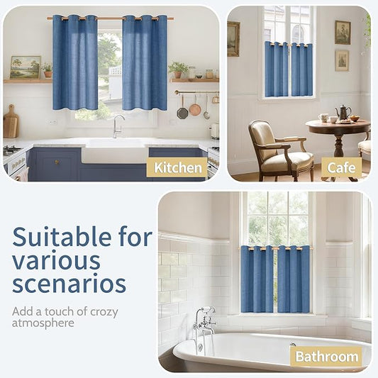 YoungsTex Navy Blue Linen Kitchen Window Curtains 40 Inch Length, Short Light Filtering Drapes Semi Sheer with Bronze Grommet Privacy for Cafe Bathroom Windows, 42 x 40 Inch, 2 Panels