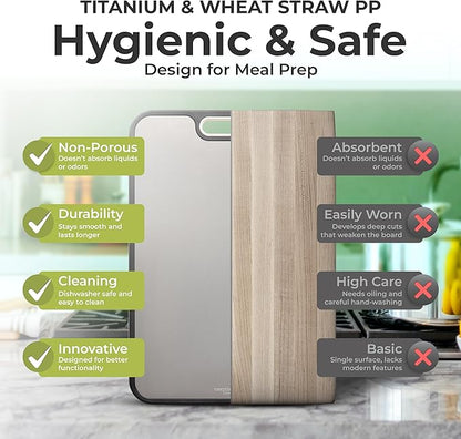 Titanium Cutting Board Double-Sided for Kitchen with Knife Sharpener – Large 16”×11” Food-Grade Chopping Board, Pure Titanium & Wheat Straw PP, Non-Porous, Odor-Resistant, Easy to Clean