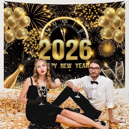 MEHOFOND 8x6ft Black and Gold 2026 Happy New Year Backdrop Cheers to 2026 New Year Eve Glitter Photography Background Hello 2026 Party Champagne Balloon Fireworks Decor Banner Cake Smash Photo Props