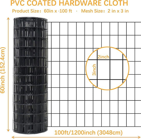Black Metal Garden Fence, 60inch(H) x 100ft(L), 2 inch x 3 inch,14GA 2/3/4/5/6 Ft Tall Chicken Wire PVC Coated Welded Wire Mesh Roll for Dogs Border Yard Vegetable Plant Protection Poultry Netting