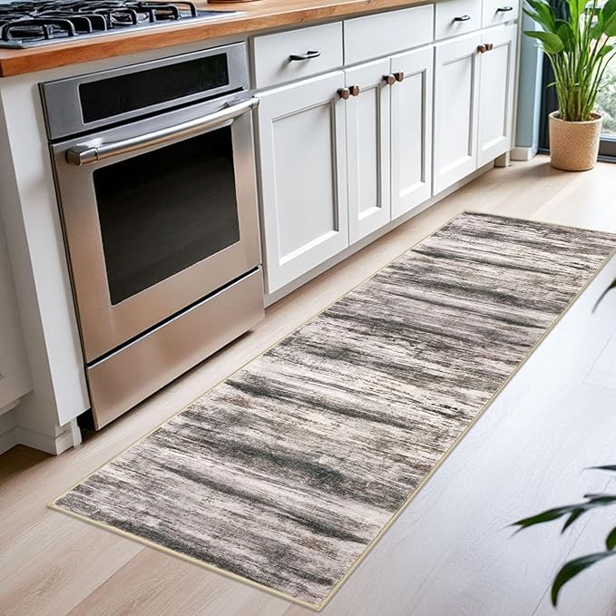 KOZYFLY Modern Abstract Runner Rugs 2x6, Washable Rug Runner Non-Slip Soft Kitchen Rugs, Print Blcak Brown Carpet Runner for Entryway Bathroom Laundry Room Foyer