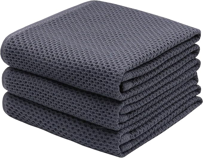 Mia'sDream Cotton Kitchen Towels and Dish Cloths Sets, Waffle Weave Dish Towels for Kitchen Drying Dishes, Soft and Absorbent Kitchen Hand Towels Washcloths, 13inch x 28inch 3 Pack (Dark Gray)