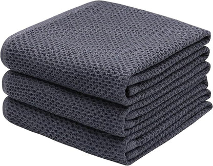 Mia'sDream Cotton Kitchen Towels and Dish Cloths Sets, Waffle Weave Dish Towels for Kitchen Drying Dishes, Soft and Absorbent Kitchen Hand Towels Washcloths, 13inch x 28inch 3 Pack (Dark Gray)