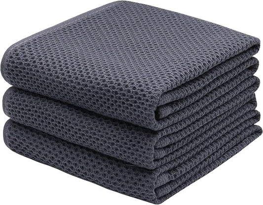 Mia'sDream Cotton Kitchen Towels and Dish Cloths Sets, Waffle Weave Dish Towels for Kitchen Drying Dishes, Soft and Absorbent Kitchen Hand Towels Washcloths, 13inch x 28inch 3 Pack (Dark Gray)