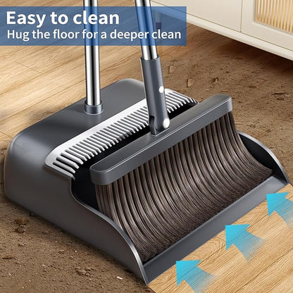 Broom with Dustpan Combo Set, Broom and Dustpan Set with 51.6" Long Handle & Two Broom Heads, Brooms with Dust Pan Teeth for Pet Hair, Indoor&Outdoor Sweeping, Home, Kitchen, Office