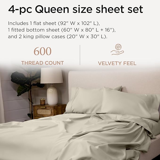 Threadmill Queen Sheet Set | 600 Thread Count Queen Bed Sheets for Queen Mattress with 16” Deep Pocket | Sateen Weave 4-Piece Bedding Set with Cooling Effect | Taupe