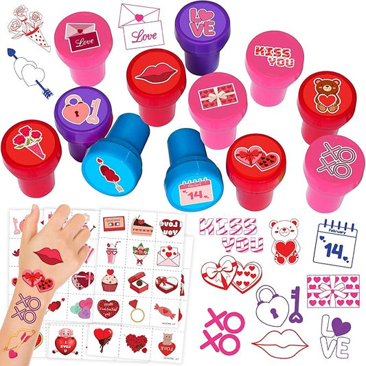 96PCS Valentine Party Favors - 72PCS Pre-Cut Temporary Tattoos & 24PCS Stamps - Ideal Love Heart Themed Birthday Card Decorations Supplies Goodie Bag Baby Shower Kids Gifts Exchange