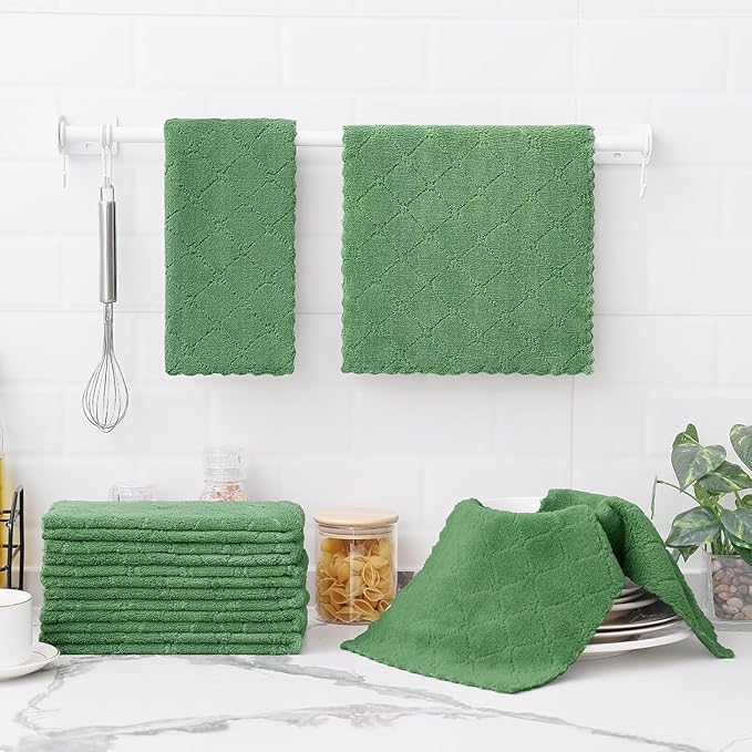 Homaxy 24 Pack Dish Towels for Kitchen (10 x 20 Inches, Grass Green), Super Soft and Absorbent Coral Velvet Dish Cloths for Washing Dishes, Nonstick Oil Fast Drying Microfiber Cleaning Cloth