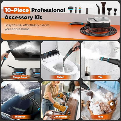 Steam Cleaner, 2500W Pressurized Heavy Duty Handheld Steamer with 1.32QT Tank & 10 Attachments – for Kitchen, Bathroom, Car, Floors, Tile, Furniture, Couch, Windows (Black/White)