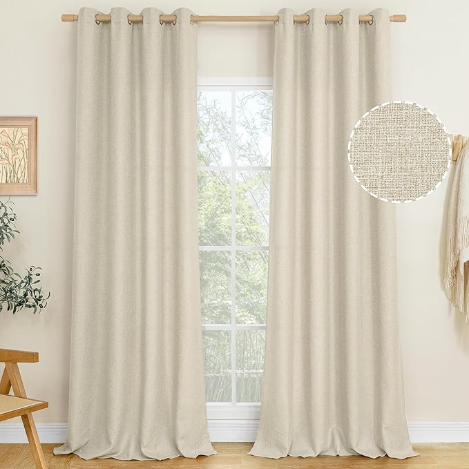 LAMIT Thermal Linen Textured Curtains 95 inches Long for Bedroom, Grommet Light Filtering Curtains Neutral Panels for Living Room/Farmhouse, Set of 2 Panels, W52 x L95, Natural Beige