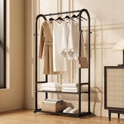 Sturdy heavy duty clothes rack,Black clothing rack with bottom shelves and 6 side hooks,Metal garment rack for hanging clothes,Wardrobe rack for Bedroom