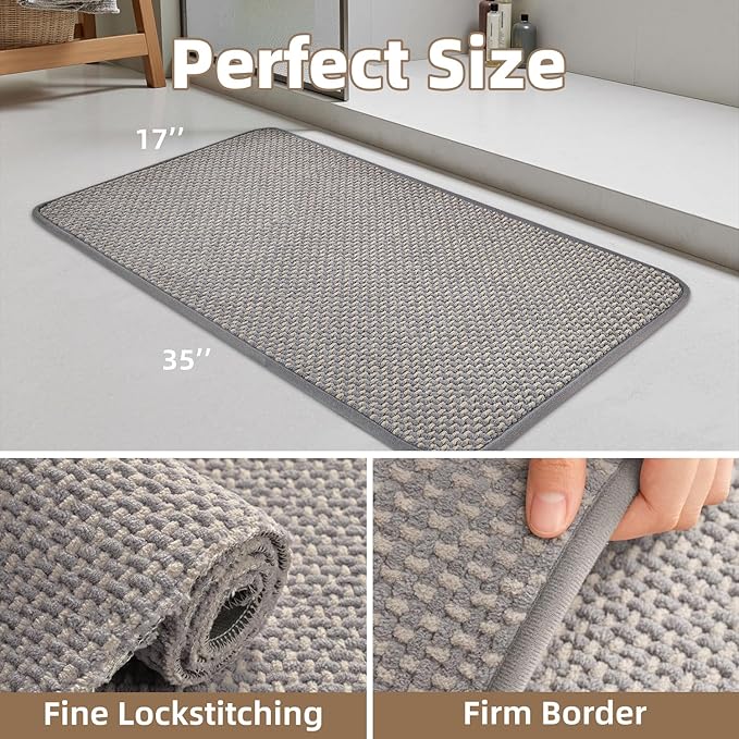 PADOOR-Bath Mat-Super Absorbent Chenille Bathroom Mats-Rubber Backed Bath Mats for Bathroom Non Slip, Easy Clean Bathroom Rugs Front of Bathtub,Shower Room,Sink-17×35, Grey&Beige