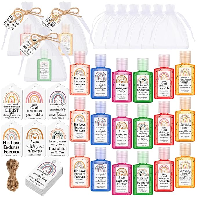 Frienda 24 Set Rainbow Christian Hand Sanitizer Bible Verse Church Mini Travel Size Hand Sanitizer Bulk Inspirational Scripture Religious Christmas Stocking Stuffer Gift Women Teacher Nursing Coworker
