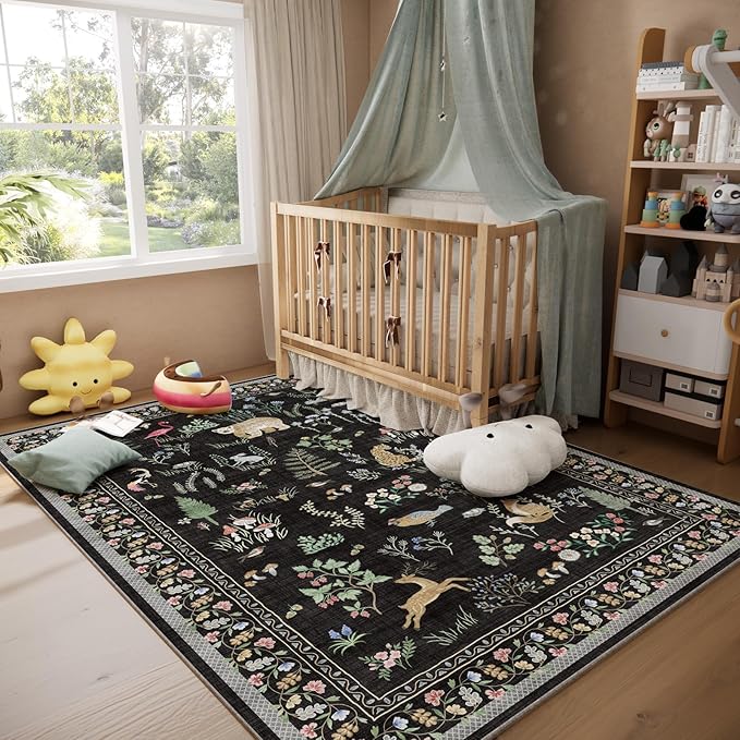 Washable Area Rugs for Living Room: 5x7 Bedroom Rug Vintage Rugs Stain Resistant Non Slip Low Pile Soft Lightweight Indoor Carpet Rug for Kitchen Dining Room Farmhouse Nursery Kids Room Home Office