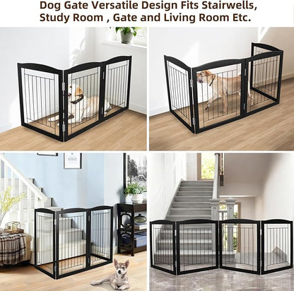 ZJSF Freestanding Foldable Dog Gate for House Extra Wide Wooden Black Indoor Puppy Gate Stairs Doorways Pet Gate Tall Dog Fence 3 Panels Fence
