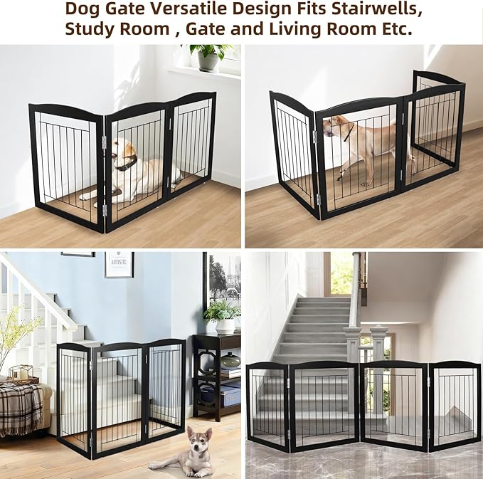 ZJSF Freestanding Foldable Dog Gate for House Extra Wide Wooden Black Puppy Gate Stairs Dog Gates Doorways Tall Pet Gate 3 Panels Pet Fence