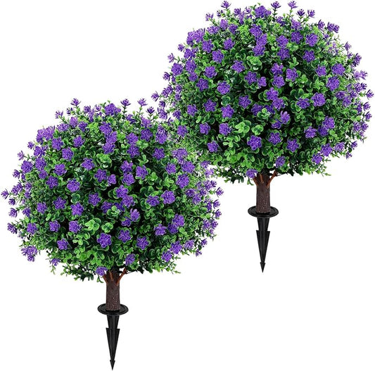 Artificial Purple Flower Topiary Ball Tree 25" with Ground Spike, Set of 2 Artificial Boxwood Bushes for Faux Shrubs, Fake Evergreen Faux Plant for Indoor Outdoor Garden -UV Resistant–Fade-Proof