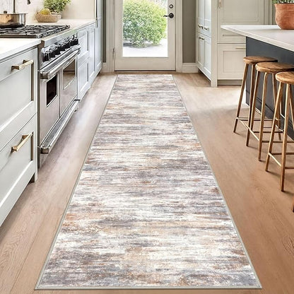 KOZYFLY Modern Abstract Washable Rug Runner 2.6x12 Hallway Rug Runner Non-Slip Soft Kitchen Runner Rugs, Multi Grey Striped Carpet for Entryway Bathroom Laundry Room Foyer