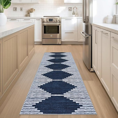HelloTree Hallway Runner Rug，2x6 Moroccan Modern Stripe Carpet Washable Machine Bathroom Runner Bohemian Design Modern Soft Non Slip Indoor Rug for Entryway Hallway Laundry Room Bedroom-Blue
