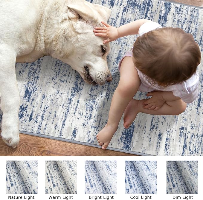 Modern Abstract Runner Rug 2x6, Blue White Washable Kitchen Runner Non-Slip Soft Hallway Rug Runner Thin Print Faux Wool Carpet for Entryway Bedroom Laundry Room Indoor Home Decor